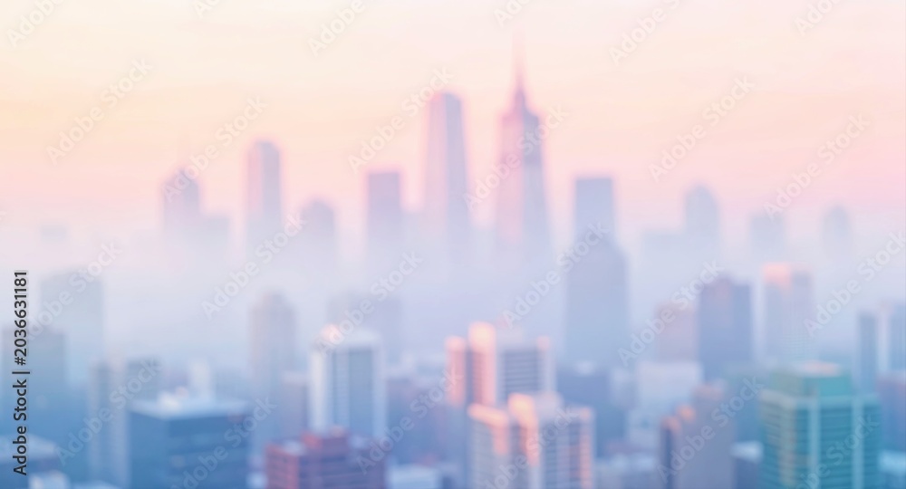 Fototapeta premium Dreamy pastel city skyline covered in morning fog for travel marketing.