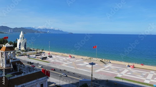 Nha Trang ocean front view and beach in Vietnam. Nha Trang, Vietnam, downtown cityscape with beach.