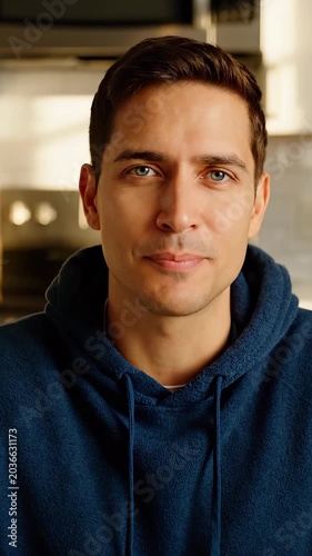 Young man is talking to camera while recording video. Happy male blogger is vlogging at home. Influencer man speaks into camera with ring light. Man makes social media video in home kitchen.
