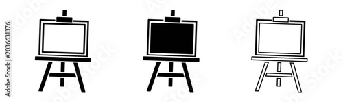 Three black and white easel icons with blank canvases for painting or display