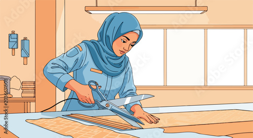 Woman in hijab cuts fabric with scissors in workshop