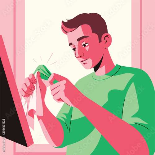 Man cleaning a small green sprout with a cloth