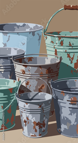 Rustic metal buckets with chipped paint and rust