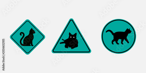 Teal colored road signs with black cat silhouettes on white background sign warning. Resizable and editable, EPS 10.