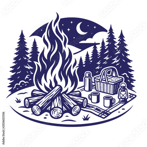 Cozy campfire scene with picnic basket and mugs at night in the forest under a crescent moon campfire wilderness outdoors illustration engraving nightsky adventure