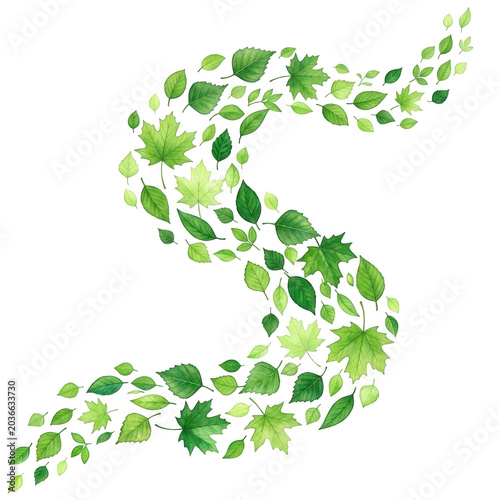 Flowing wave of green leaves isolated on white background