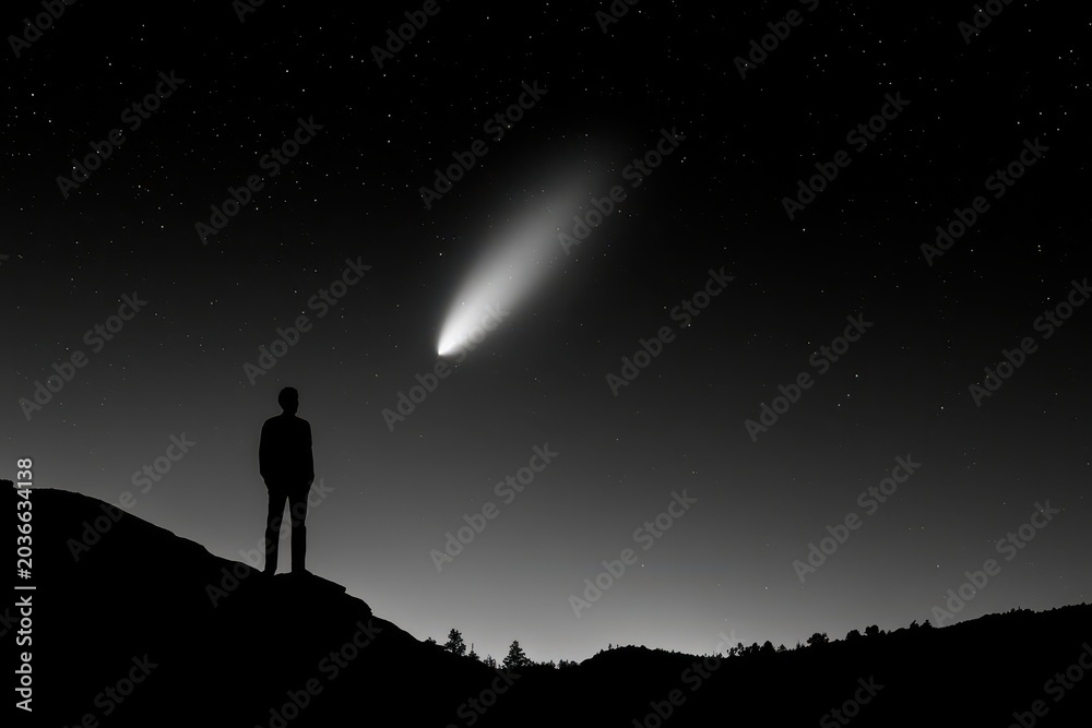 Fototapeta premium Silhouette of a man standing on a hill watching a bright comet streak across the starry night sky.