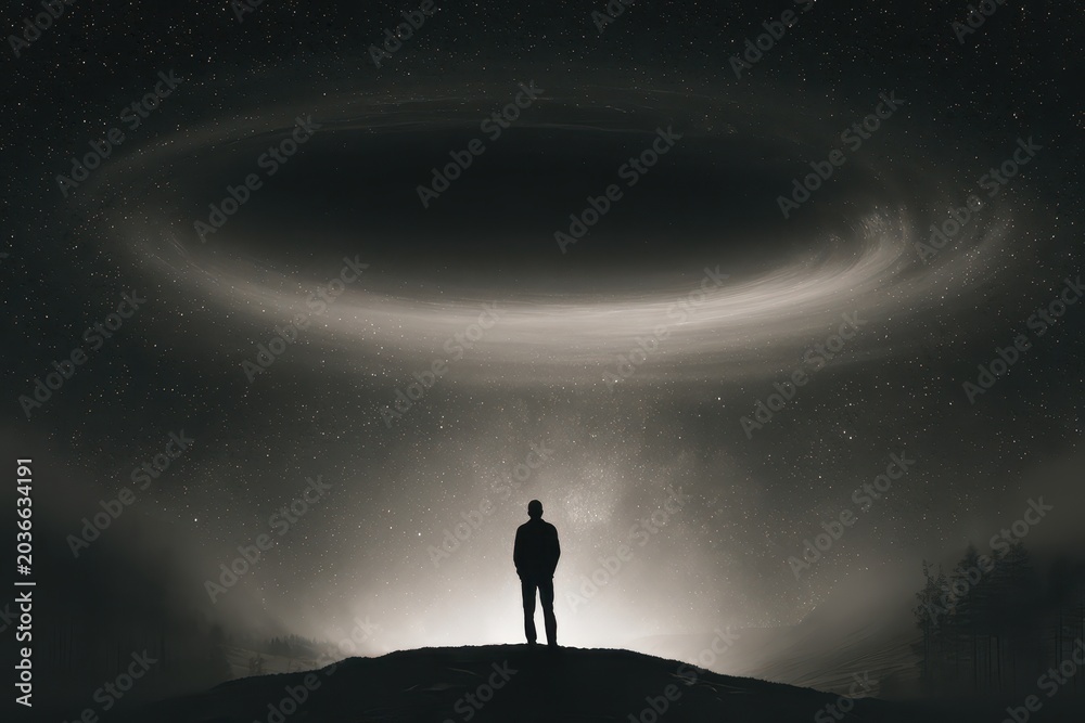 Fototapeta premium Silhouette of a solitary person standing on a hill under a swirling galaxy and starry night sky.