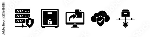 Canvas Print Set of black icons for data security and information management, featuring secure servers, filing cabinets, file transfers, cloud storage, and network protection symbols on a white background