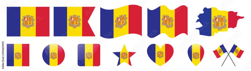 Obraz premium Andorra national flag icons set including map and decorative shapes.