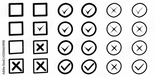 Fotografi Checkmark And Cross Icons Black And White Flat Vector Set