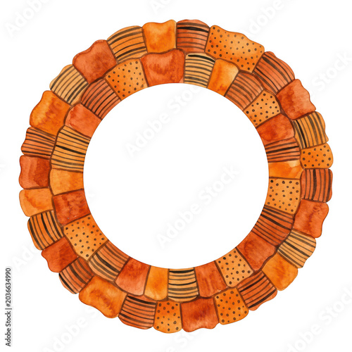 Orange watercolor wreath with geometric patterns isolated