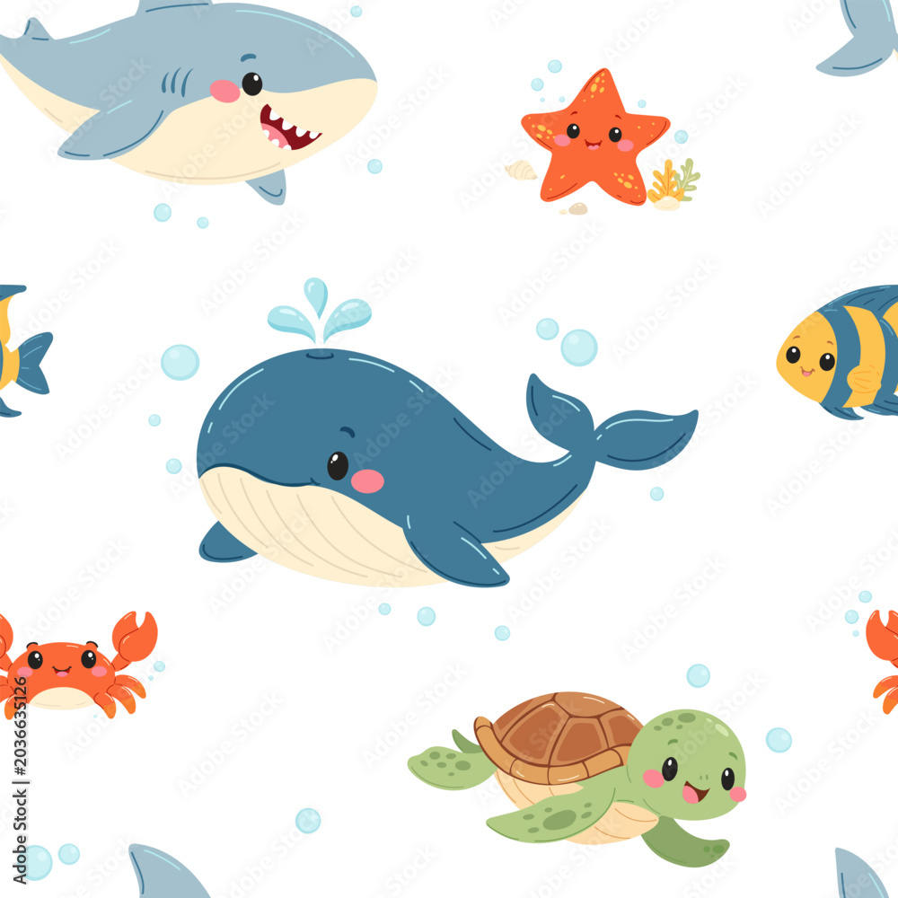 Fototapeta premium Seamless pattern with underwater life for kids, baby and nursery decor. Vector illustration of ocean animal characters on childrens print.