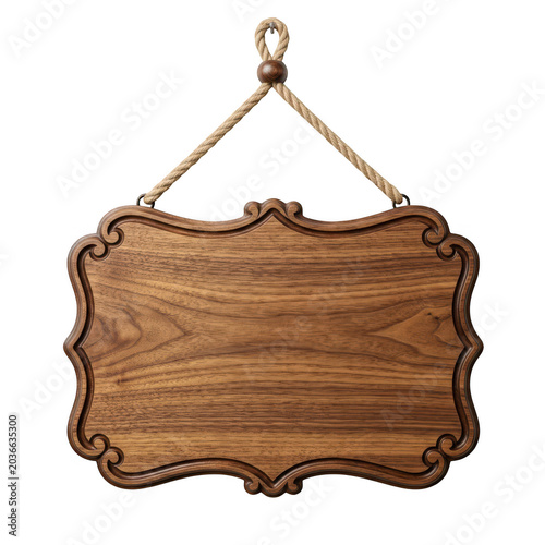 Ornate dark wood hanging sign with rope isolated