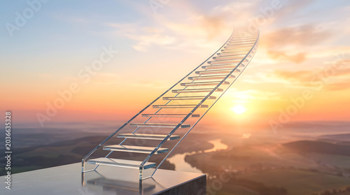 Glass staircase ascending into sunset sky over scenic landscape