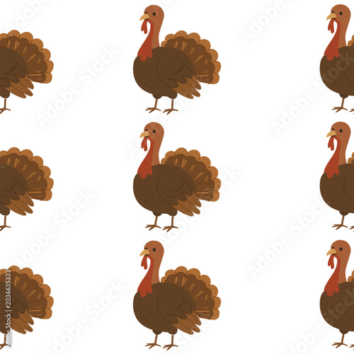 Cute turkey seamless pattern for Thanksgiving celebration in flat vector style.