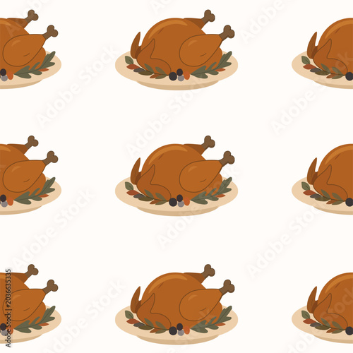 Thanksgiving seamless vector pattern with roasted turkey illustrations in flat style.