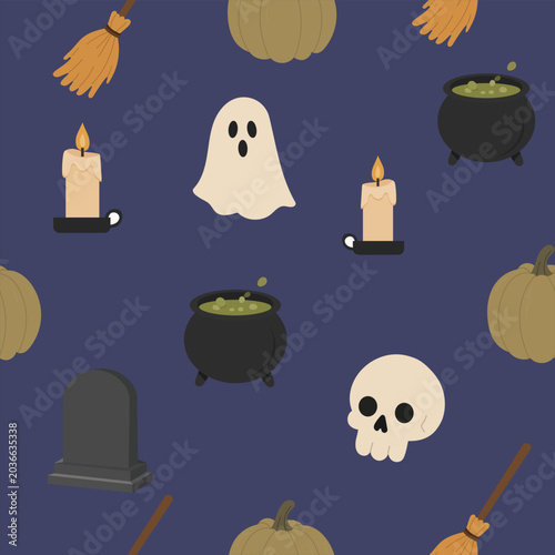 Dark Halloween seamless pattern with ghosts, pumpkins and candles in flat vector style.