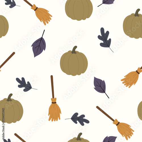 Autumn seamless vector pattern with pumpkins, leaves and broomsticks in minimal flat style.
