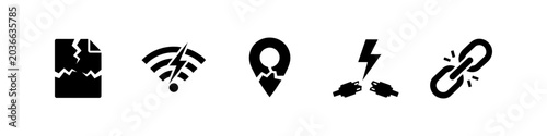 Tableau sur toile Set of minimalist black icons for connection failure and technical errors: broken file, no signal, lost location, power outage, and broken link