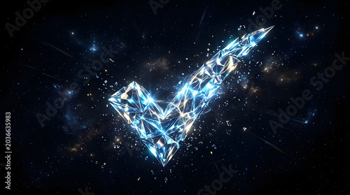 Crystal checkmark symbol floating in deep space with stars