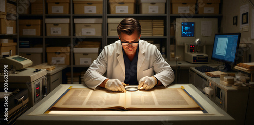 Archivist examining antique document with magnifying glass in historical research library archive room archivist research document magnifying historian manuscript paperwork investigatio