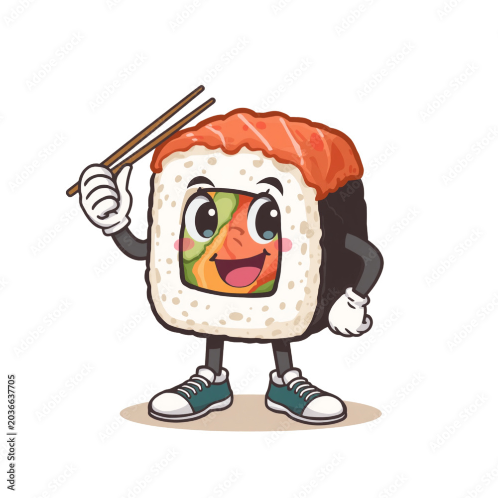 Obraz premium Cute sushi character holding chopsticks, happy and smiling