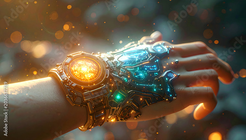 Human hand wearing futuristic glowing power gauntlet device
