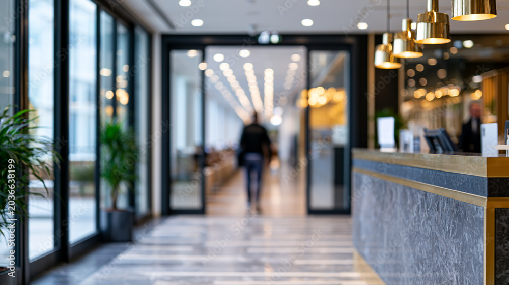 Fototapeta premium Completely Blurry Luxury Airport Lounge Entrance with Traveler Approaching Reception Counter
