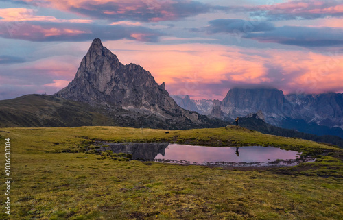 Scenic sunset on the top of Giau pass in the Dolomite Alps, Italy