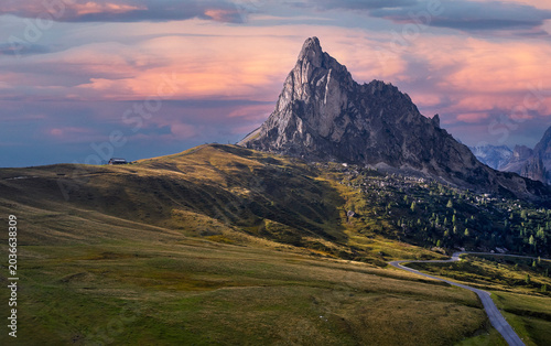Scenic sunset on the top of Giau pass in the Dolomite Alps, Italy