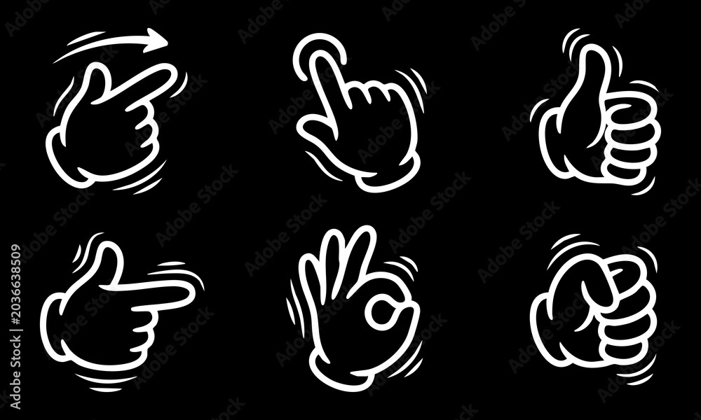 Fototapeta premium Set of hand gesture vector illustrations featuring simple white line art on a solid black background