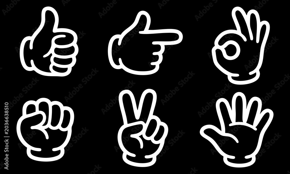 Obraz premium Set of six minimalist cartoon hand gesture vector icons featuring thick white outlines on black background