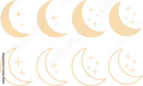 Minimal Crescent Moon Set with Stars Aesthetic Line Icons
