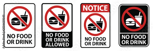 Schilderij op canvas No food or drink allowed sign vector featuring prohibition symbols for meals and beverages, simple warning icon design isolated on a white background for public safety and facility rules