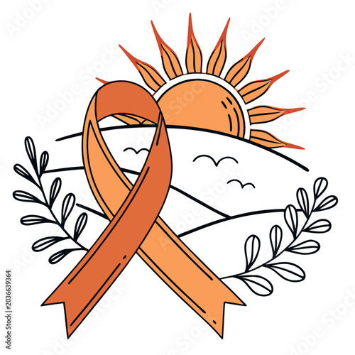 Bild auf Leinwand Orange awareness ribbon with rising sun and laurel leaves graphic illustration