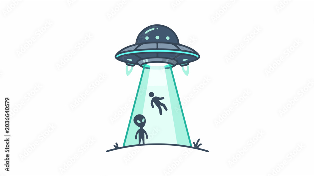 Fototapeta premium UFO Abduction Vector Illustration with Alien and Beaming Human