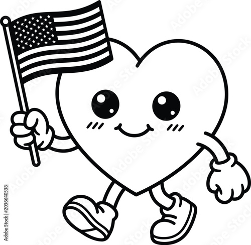 Cute Heart Character Holding USA Flag Cartoon Outline Illustration
