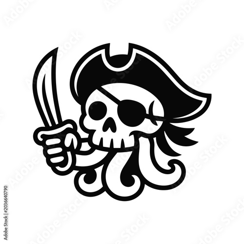 Photos Cartoon pirate skull with octopus tentacles holding a cutlass