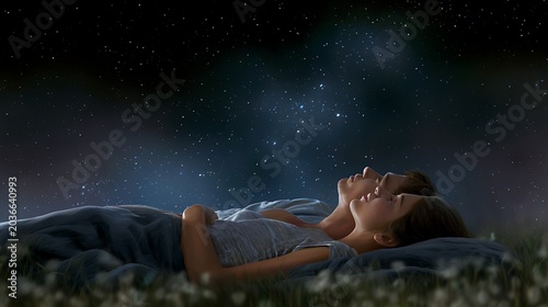 Romantic Couple Stargazing Under a Starry Night Sky with Dreamy Atmosphere and Serenity