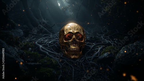 Mystic Golden Skull in Dark Forest