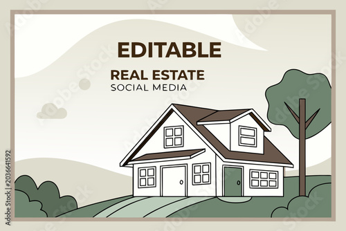 Editable minimalist house icon with green trees