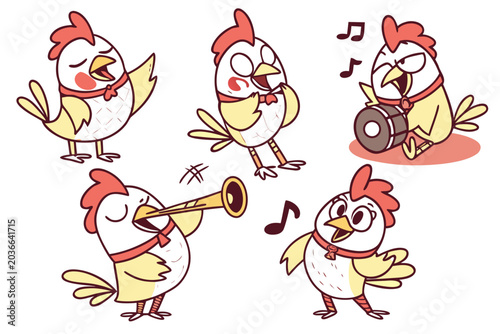 Four cartoon chickens dancing with musical notes