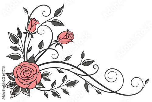 Elegant floral swirl design with roses and leaves
