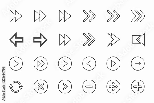 Minimal flat arrow icons set with play pause controls