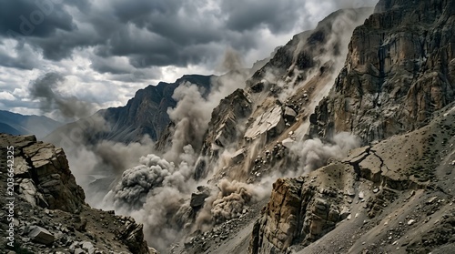 Massive rockslide cascading down a rugged mountain slope