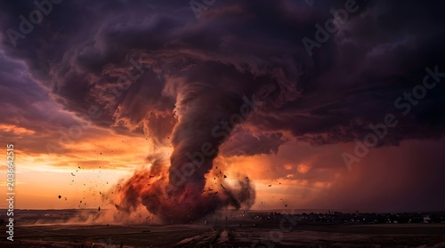 Massive tornado striking a rural landscape at sunset