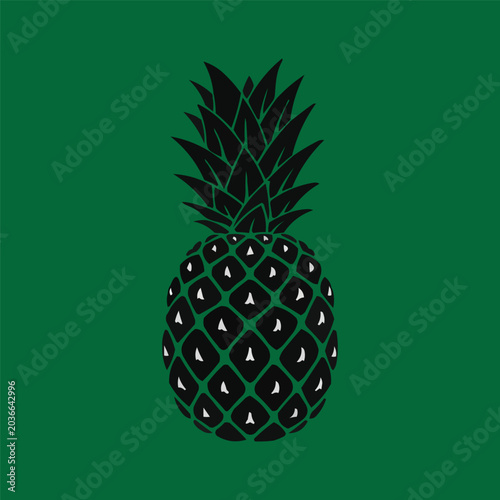 Stylized Pineapple Silhouette: A striking black silhouette of a pineapple against a vibrant green background, showcasing its distinctive spiky crown and textured rind in a bold.
