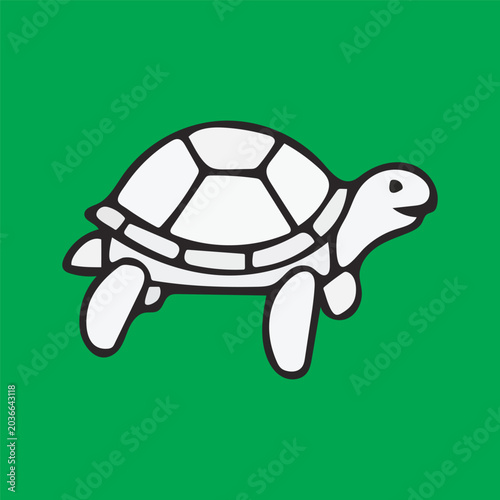 Turtle on Green Background: A simple, charming illustration of a white turtle with a patterned shell, depicted with a friendly smile and short legs, set against a vibrant green backdrop.