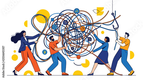 Collaborative project management team untangling complex data workflows to achieve strategic clarity and operational efficiency